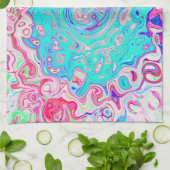 Groovyアクアブルーとピンクの抽象芸術レトロスワール キッチンタオル (折り畳み)
