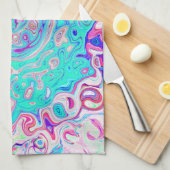 Groovyアクアブルーとピンクの抽象芸術レトロスワール キッチンタオル (四つ折り)