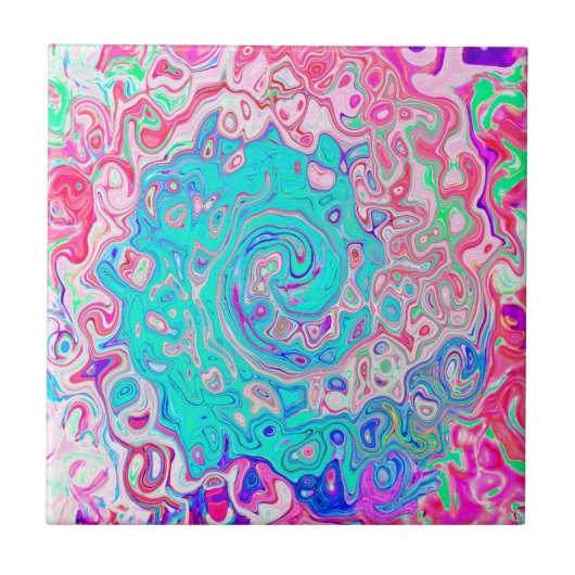 Groovyアクアブルーとピンクの抽象芸術レトロスワール タイル (正面)