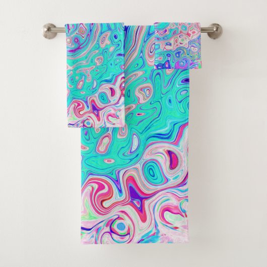 Groovyアクアブルーとピンクの抽象芸術レトロスワール バスタオルセット (インサイチュ)