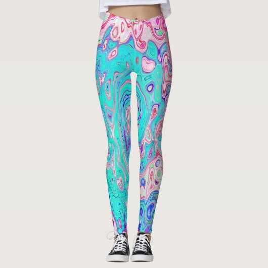 Groovyアクアブルーとピンクの抽象芸術レトロスワール レギンス (正面)