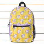 Groovyイエローパープルモダンフローラパーソナライズされた プリントバックパック<br><div class="desc">Groovyイエローパープルモダンフローラルパターパーソナライズされたン名バックパックは、チェックの背景に明るい黄色、紫および白い花のパターンを備えている。おパーソナライズされた名前で誕生日、素晴らしクリスマス、休日、母の日と新学期のためのギフトを作る。新学期、スポーツ、ジム、旅行などに最適。©2023 Evco Studioによる設計： www.zazzle.com/store/evcostudio</div>