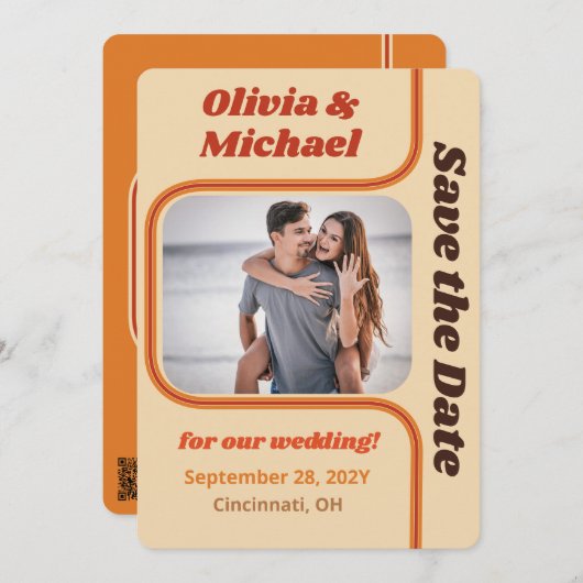 Groovyオレンジと茶色のレインボーカーブフォト セーブザデート (正面/裏面)