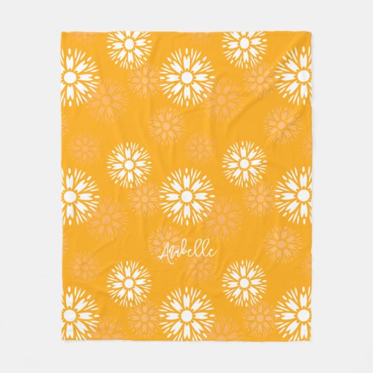 Groovyオレンジデイジーフラワーレトロフローラ名 フリースブランケット (正面)