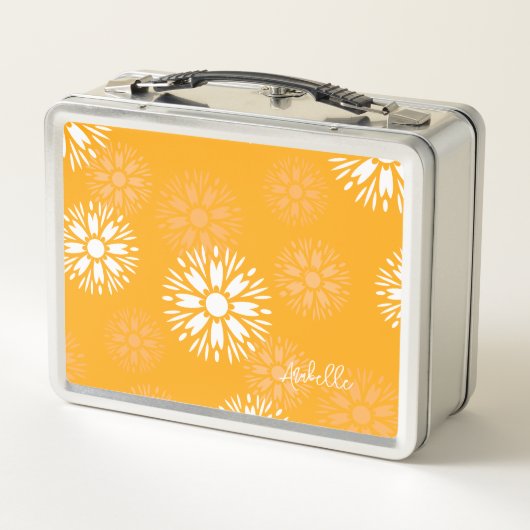 Groovyオレンジデイジーフラワーレトロフローラ名 メタルランチボックス (裏面)