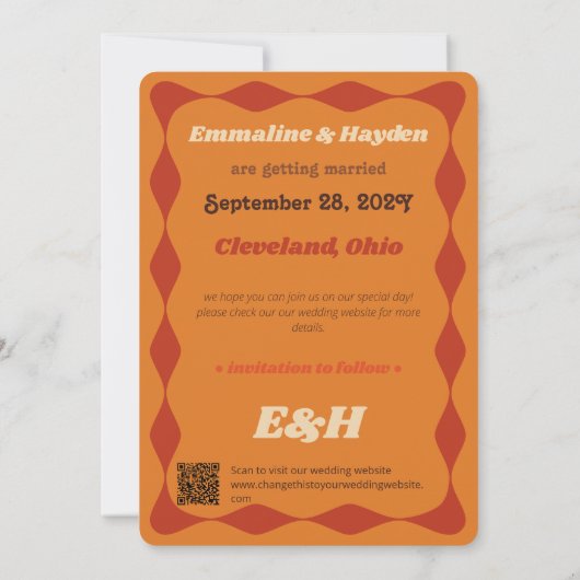 Groovyオレンジ縁どの波状写結婚真 セーブザデート (裏面)