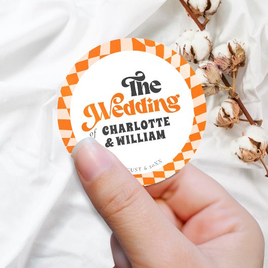 Groovyオレン市松模様にモダンレトロ結婚ズ ラウンドシール