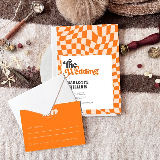 Groovyオレン市松模様にモダンレトロ結婚ズ 招待状