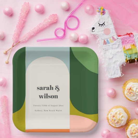 Groovyカラフルレトロアーはっきりしたチ抽象芸術結婚の ペーパープレート (パーティー)