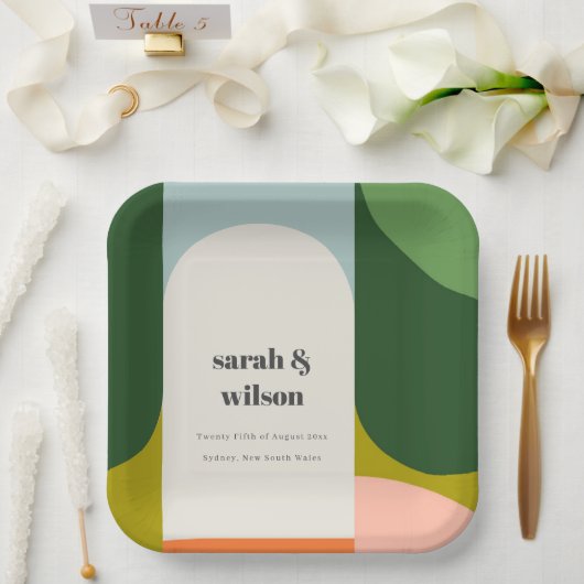 Groovyカラフルレトロアーはっきりしたチ抽象芸術結婚の ペーパープレート (ウェディング)