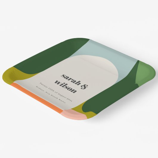 Groovyカラフルレトロアーはっきりしたチ抽象芸術結婚の ペーパープレート (傾斜あり)