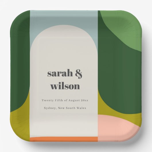 Groovyカラフルレトロアーはっきりしたチ抽象芸術結婚の ペーパープレート (正面)