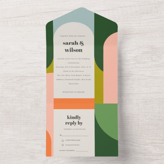 Groovyカラフルレトロアーチ抽象芸術はっきりした結婚の オールインワン招待状 (内側)
