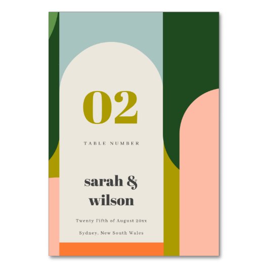 Groovyカラフルレトロアーチ抽象芸術はっきりした結婚の テーブルナンバー (正面)
