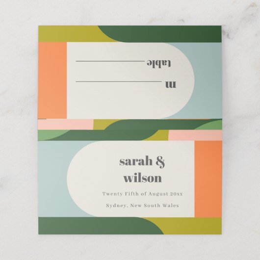 Groovyカラフルレトロアーチ抽象芸術はっきりした結婚の プレイスカード (外部開封)