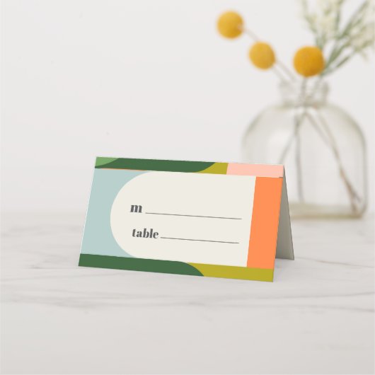 Groovyカラフルレトロアーチ抽象芸術はっきりした結婚の プレイスカード (裏面)