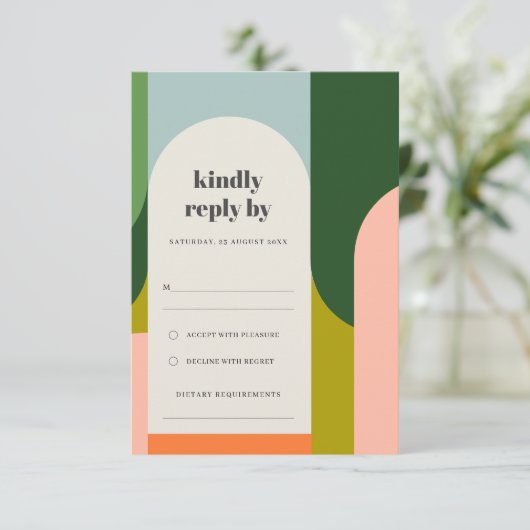 Groovyカラフルレトロアーチ抽象芸術はっきりした結婚の 出欠カード (スタンド正面)