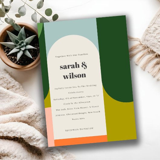 Groovyカラフルレトロアーチ抽象芸術はっきりした結婚の 招待状