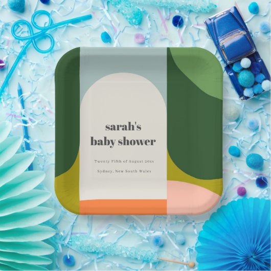 Groovyカラフルレトロアーチ抽象芸術ベビースシャワー ペーパープレート (パーティー)