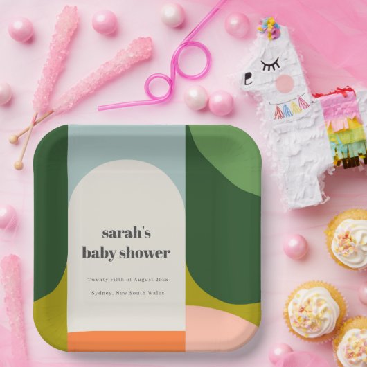 Groovyカラフルレトロアーチ抽象芸術ベビースシャワー ペーパープレート (パーティー)