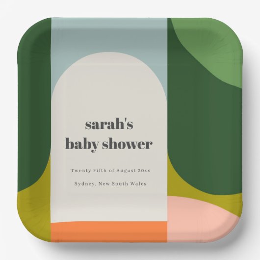 Groovyカラフルレトロアーチ抽象芸術ベビースシャワー ペーパープレート (正面)