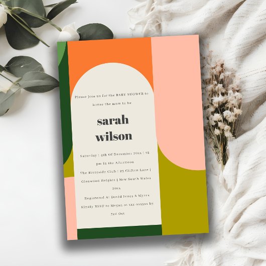 Groovyカラフルレトロアーチ抽象芸術ベビースシャワー 招待状