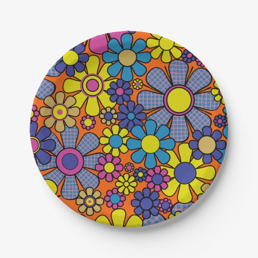 Groovyカラフルレトロマクシマリスト60s 70sフローラ ペーパープレート (正面)