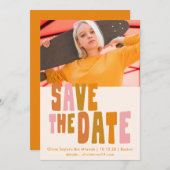 Groovyカラフルレトロユニークバルミツワー写真 セーブザデート (正面/裏面)