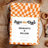Groovyカラフル市松模様にユニークレトロ結婚の セーブザデート