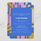 Groovyカラフル抽象芸術ブルーとピンクバルミツワー 招待状 (正面/裏面)