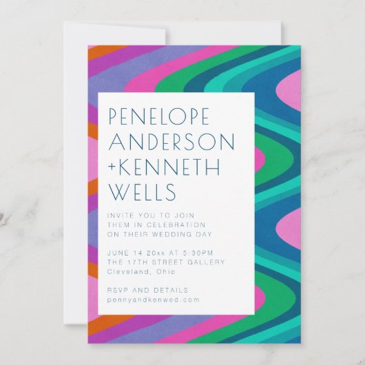 Groovyカラフル曲線の線ユニークのレトロ結婚 招待状 (正面)