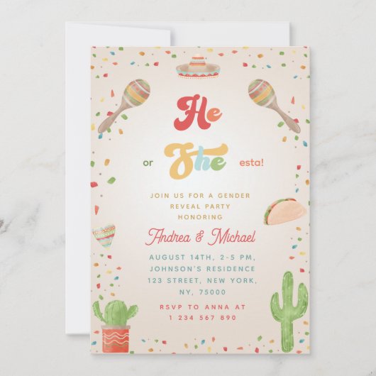 Groovyカラフル Fiesta HeまたはShe-esta Mexican 招待状 (正面)