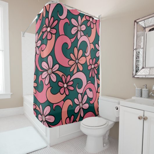 Groovyガーリーピンクコーラルグリーン70s花パターン シャワーカーテン (インサイチュ)