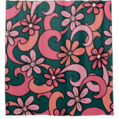 Groovyガーリーピンクコーラルグリーン70s花パターン シャワーカーテン (正面)