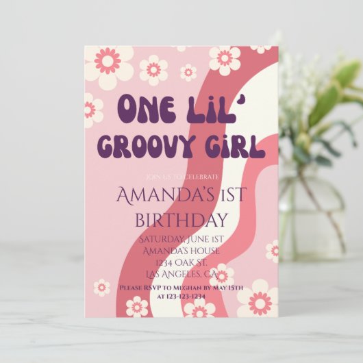 Groovyガール1st誕生日テーマピンクレトロデイジー 招待状 (スタンド正面)