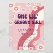 Groovyガール1st誕生日テーマピンクレトロデイジー 招待状 (正面/裏面)