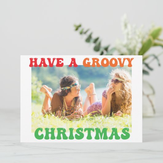 Groovyクリスマスかわいいヒッピーの写真カードを持っている (スタンド正面)