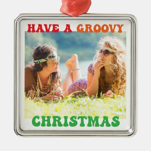 GroovyクリスマスキュートなカスタムHippie写真を持つ メタルオーナメント (正面)