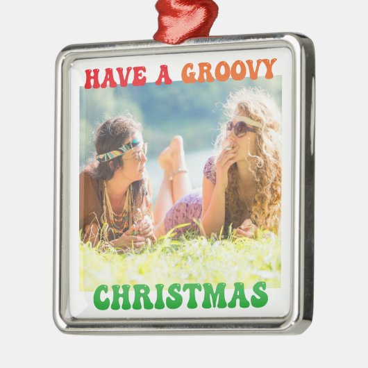 GroovyクリスマスキュートなカスタムHippie写真を持つ メタルオーナメント (左)