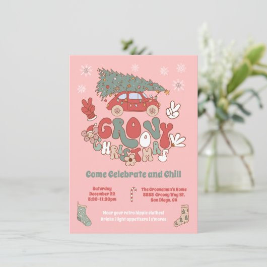 Groovyクリスマスヒッピーパーティーカーツリー 招待状 (スタンド正面)