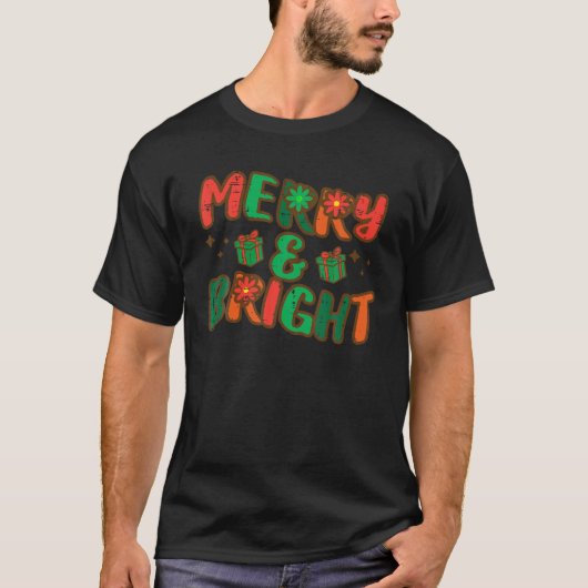 Groovyクリスマス明メリーるいレトロクリスマス男性女性 Tシャツ (正面)