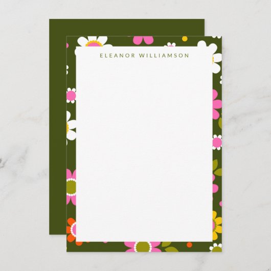 Groovyグリーンレトロ花パーソナライズされた文具 ノートカード (正面/裏面)