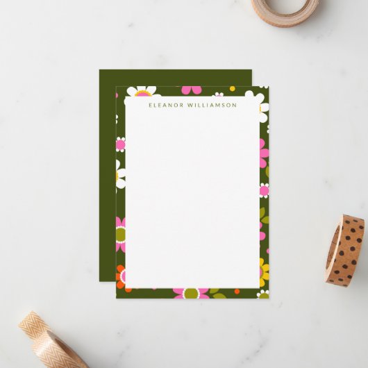 Groovyグリーンレトロ花パーソナライズされた文具 ノートカード (正面/裏面インサイチュ)