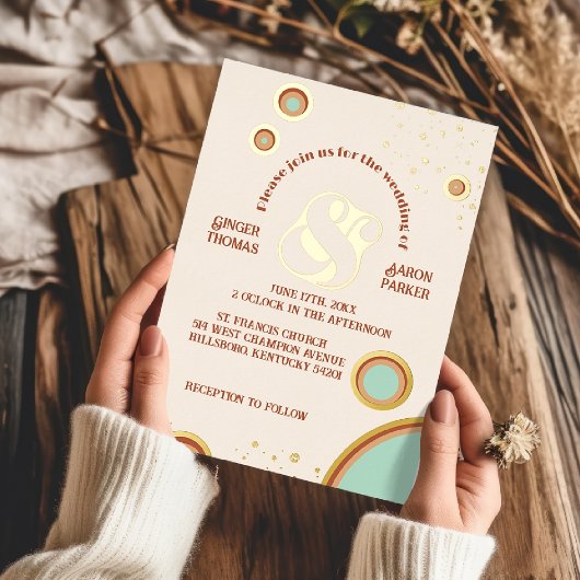 Groovyサークルピーチアンパサンドレトロ結婚ズ金ゴールド 箔招待状
