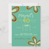 Groovyシアン40誕生日パーティー70sヒッパイフラワー 招待状 (正面)