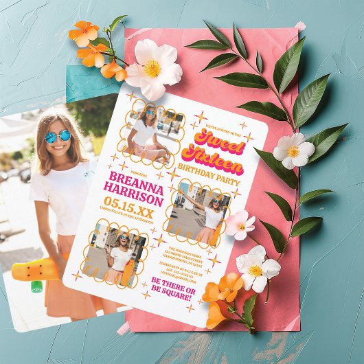 Groovyタイポグラフィレトロ70のSweet sixteen 招待状