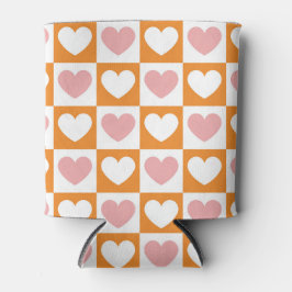 Groovyチェス盤フラワーハートピンクオレンジカラー 缶クーラー