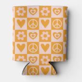 Groovyチェス盤フラワーハートピースオレンジカラー 缶クーラー (正面)