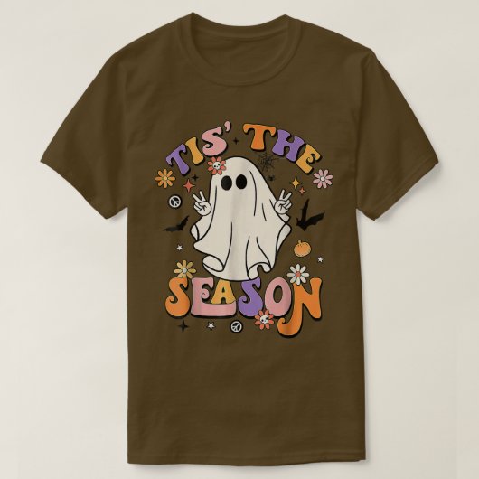 Groovyティスザシーズンカボチャ幽霊、ヒッピー秋 Tシャツ (デザイン正面)