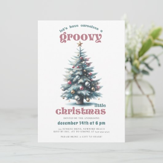Groovyディスコツリーレトロティール（緑がかった色）ピンククリスマスパーティー 招待状 (スタンド正面)